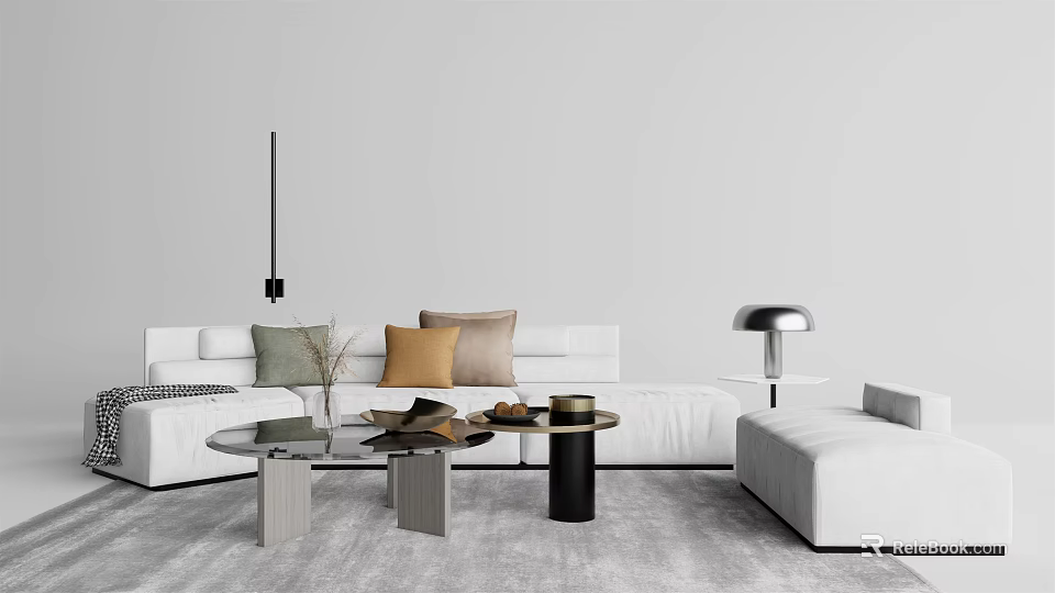 Modern White Sofa and Coffee Table Set with Decorative Pillows and Floor Lamp 3d model