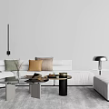 Modern White Sofa and Coffee Table Set with Decorative Pillows and Floor Lamp 3d model
