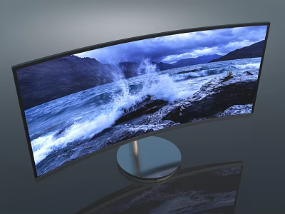 Curved Computer Monitor With Ocean Waves And Mountain Landscape 3d model