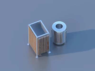 Stylish Household Living Supplies With Square Wooden Panel Bin And Silver Striped Cylindrical Container 3d model