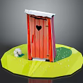 Cartoon Scene With Red Door Black Heart Snow On Top White Sheep On Green Grass