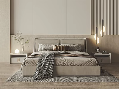 Modern Double Bed Bedroom Interior With Upholstered Headboard Pillows Nightstands And Table Lamps 3d model