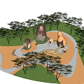 Vibrant Children's Playground With Trees Cartoon Structures Slide Climbing Tunnel And Kids Playing