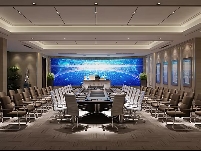 Modern Conference Room Interior Design With Large Screen Conference Table Chairs And Decorative Paintings 3d model