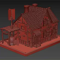 Cartoon Scene Featuring Charming House with Red Roof Stone Walls Wooden Structure Lanterns and Windows