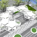 Modern Garden Landscape With White Canopy Structures Green Trees And Sunlit Paved Pathway 3d model