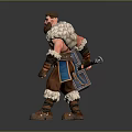Bearded Warrior in Fur Trimmed Outfit Wielding Large Ornate Hammer With Details