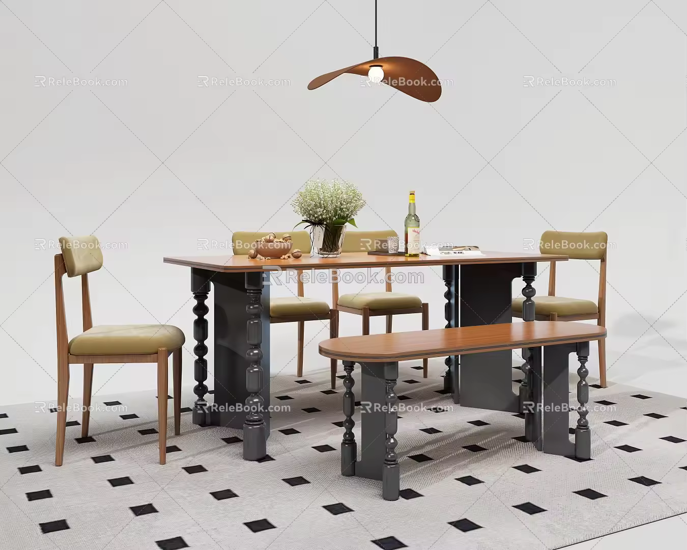 Middle-style solid wood long table 3d model