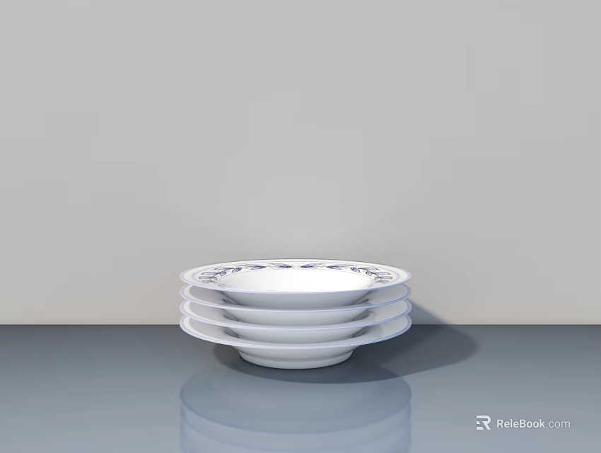 White Stacked Bowl Set With Floral Rim Pattern For Elegant Dinnerware 3d model