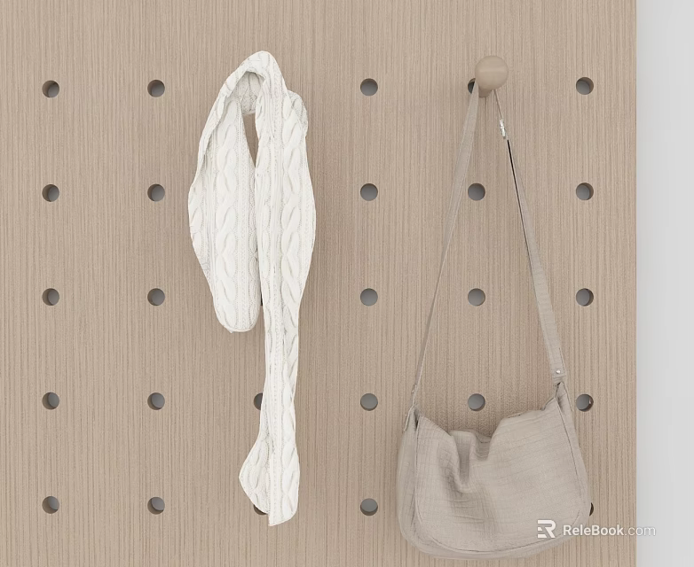 Light Brown Perforated Hinged Door Hanging White Knitted Scarf And Light Gray Handbag 3d model 