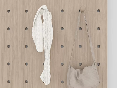 Light Brown Perforated Hinged Door Hanging White Knitted Scarf And Light Gray Handbag 3d model