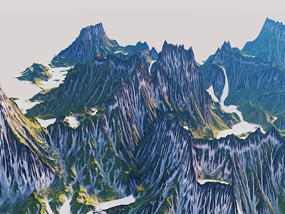 Scenic Mountain Range With Multiple Peaks Green Blue Slopes And Snowy Patches 3d model