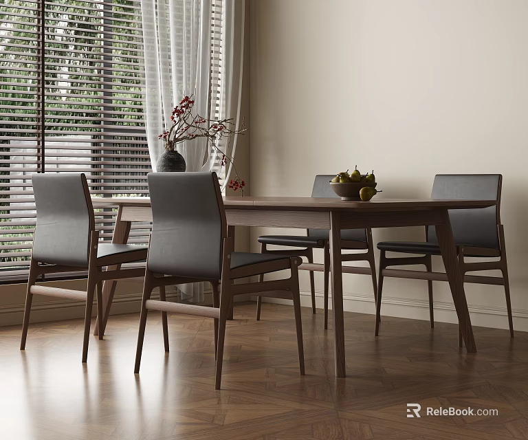 Wooden Dining Table Set with Gray Upholstered Chairs Vase Flowers Fruit Bowl and Natural Light 3d model 