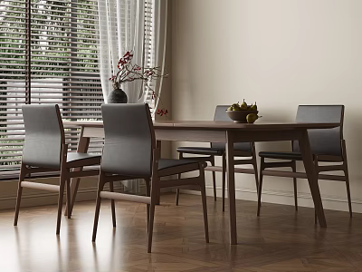 Wooden Dining Table Set with Gray Upholstered Chairs Vase Flowers Fruit Bowl and Natural Light 3d model