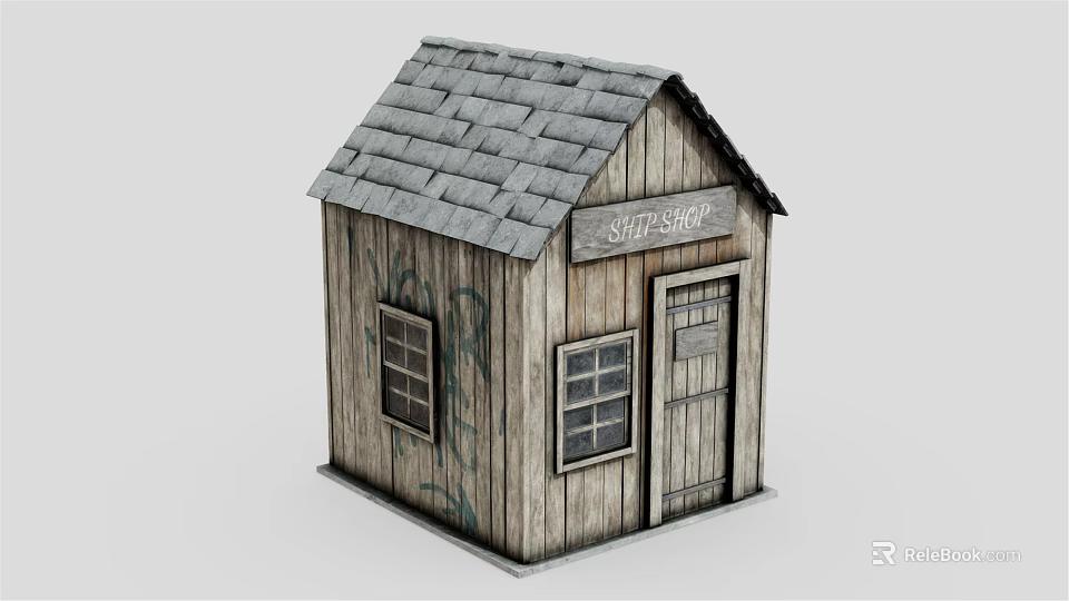 Rustic Wooden Cabin Shop With Gray Tile Roof Windows Door And Shot Shop Sign 3d model 