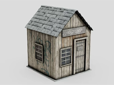 Rustic Wooden Cabin Shop With Gray Tile Roof Windows Door And Shot Shop Sign 3d model