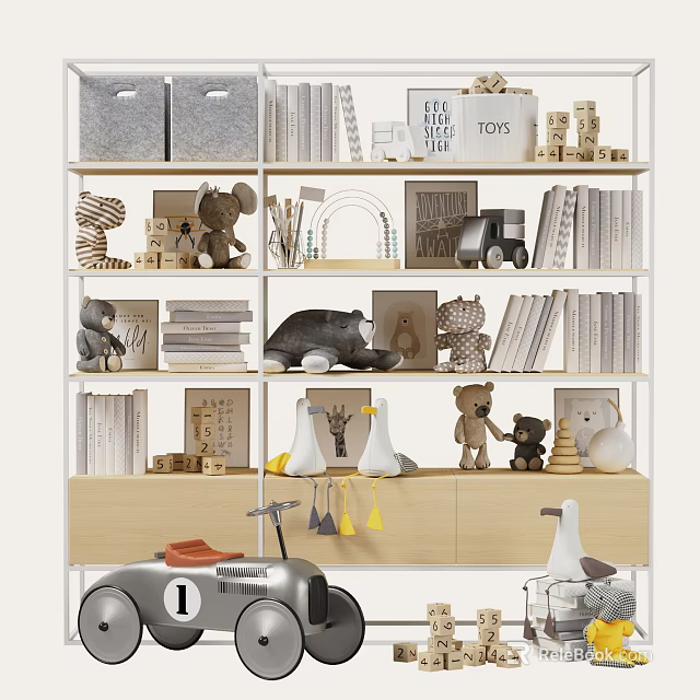 Modern Multi Tiered Bookcase With Books Toys Decorative Items And Storage 3d model 