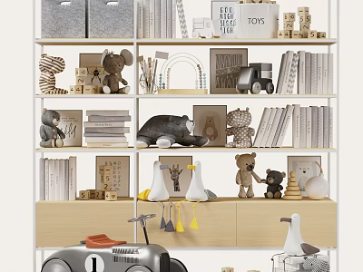 Modern Multi Tiered Bookcase With Books Toys Decorative Items And Storage 3d model