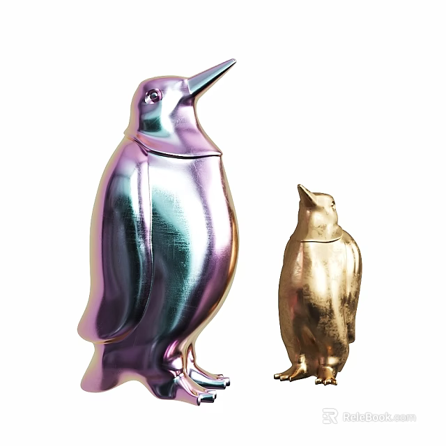 Two Piece Penguin Decorative Figurine Set With Gradient Color And Gold Finish 3d model 
