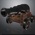 Vintage Black Metal Cannon With Wooden Carriage And Wheels