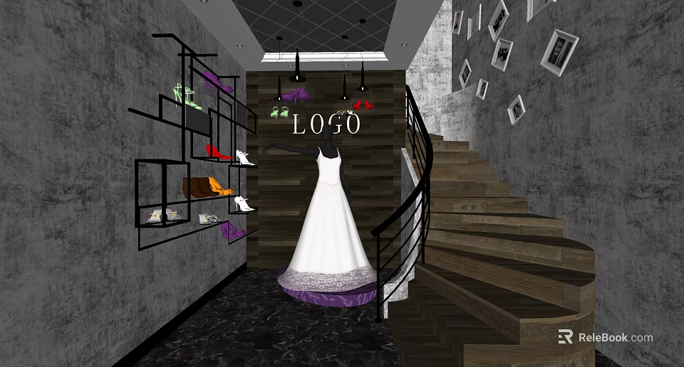 Elegant Bridal Shop With White Wedding Dress Displayed Shoes Staircase And Wall Photo Frames 3d model 