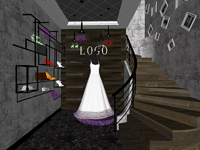 Elegant Bridal Shop With White Wedding Dress Displayed Shoes Staircase And Wall Photo Frames 3d model