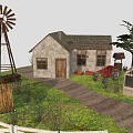 Pastoral Landscape with Windmill Hay Bales Stone House Greenhouse White Fence and Dirt Path