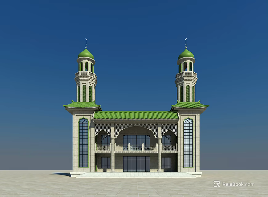 Islamic Mosque Religious Architecture With Two Green Minarets Green Roof White Walls And Arched Windows 3d model 