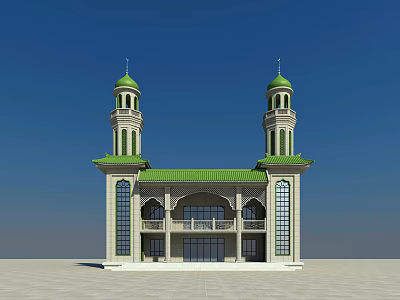 Islamic Mosque Religious Architecture With Two Green Minarets Green Roof White Walls And Arched Windows 3d model