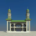 Islamic Mosque Religious Architecture With Two Green Minarets Green Roof White Walls And Arched Windows
