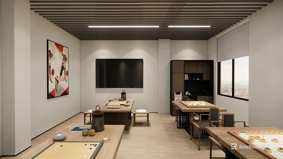 Modern Hotel Chess Room Interior Design With Wooden Tables Decorative Paintings And Comfortable Seats 3d model 