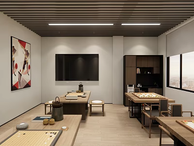 Modern Hotel Chess Room Interior Design With Wooden Tables Decorative Paintings And Comfortable Seats 3d model