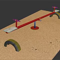 Outdoor Red Seesaw With White Seats Black Handles In Sand Playground With Tires And Footprints