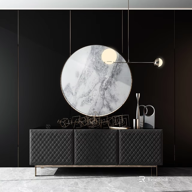 Black Quilted TV Stand With Circular Marble Backdrop And Decorative Items 3d model