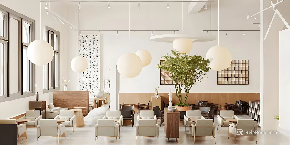 Modern Cafe Interior With Pendant Lights Green Plant And Comfortable Seating 3d model 