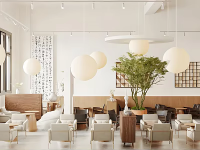 Modern Cafe Interior With Pendant Lights Green Plant And Comfortable Seating 3d model