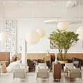 Modern Cafe Interior With Pendant Lights Green Plant And Comfortable Seating
