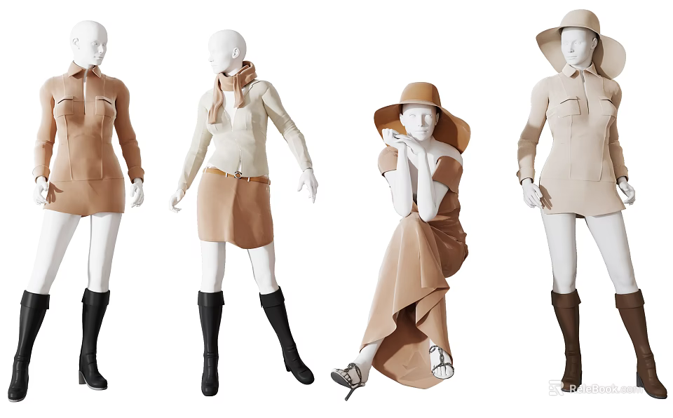 Fashion Mannequins Wearing Stylish Beige Skirt Dress Top Hat And Brown Boots 3d model 