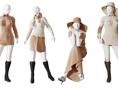 Fashion Mannequins Wearing Stylish Beige Skirt Dress Top Hat And Brown Boots 3d model