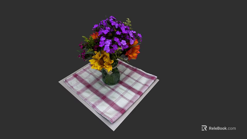 Colorful Flower Bouquet With Purple Yellow Orange Blooms In Vase On Checkered Napkin 3d model 