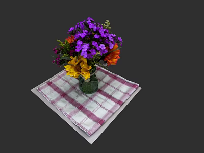 Colorful Flower Bouquet With Purple Yellow Orange Blooms In Vase On Checkered Napkin 3d model