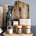 Modern Kitchenware Collection With Wooden Cutting Boards Glass Bottles Spice Jars And Pasta Bags