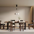 Modern Dining Table Set with Wooden Chairs Pendant Light in Neutral Room with Window Curtains