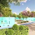 Lush Park Landscape With Curved Paths Basketball Court Water Features Green Trees And Open Lawns