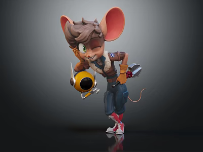 Anthropomorphic Cartoon Mouse Mechanic With Big Ears Brown Hair And Tools 3d model