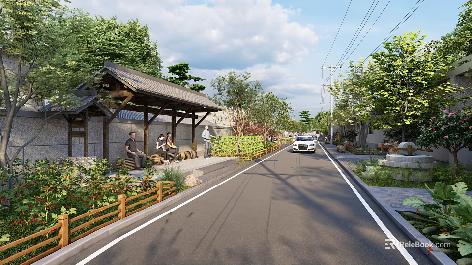 Rural Landscape With Traditional Pavilion People Sitting Green Trees And White Car On Road 3d model 