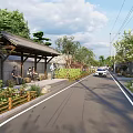 Rural Landscape With Traditional Pavilion People Sitting Green Trees And White Car On Road