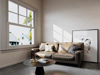 Two Seater Beige Leather Sofa With Cushions Coffee Table Artwork Sunlight And Outdoor Greenery 3d model