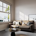 Two Seater Beige Leather Sofa With Cushions Coffee Table Artwork Sunlight And Outdoor Greenery