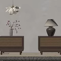 Wooden Nightstands With Rattan Design Vase Dried Flowers Table Lamp Pendant Light And Striped Rug